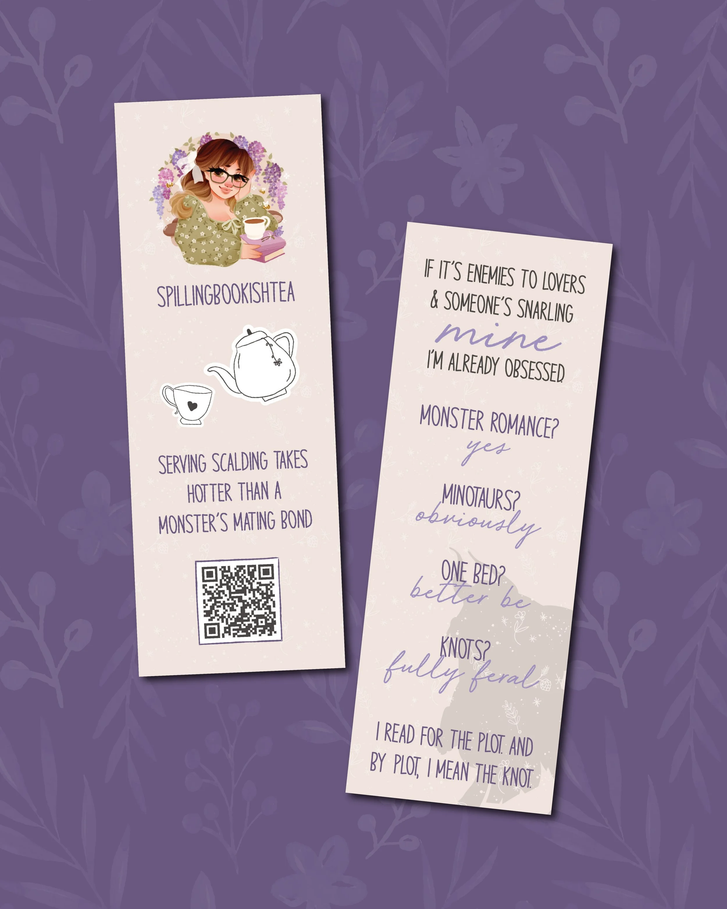 Decorative bookmarks with purple and white floral themes, featuring illustrations of a girl with glasses and a teapot, and humorous quotes about relationships and reading.