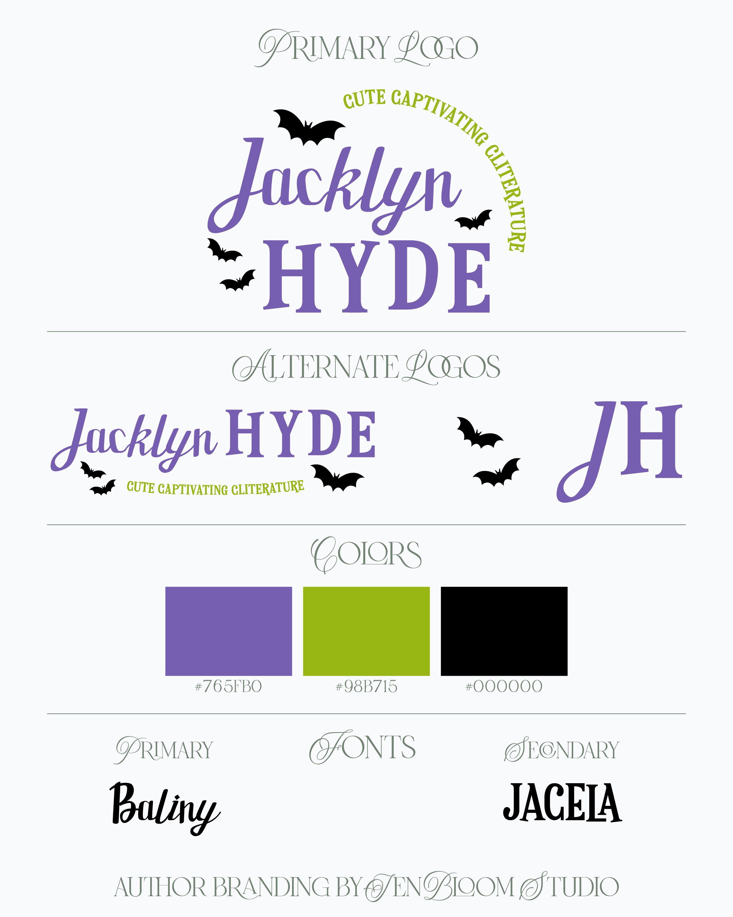 Design chart for a logo featuring the name 'Jacklyn Hyde' with Halloween-themed bats, showing alternate logos, color options, and font styles.