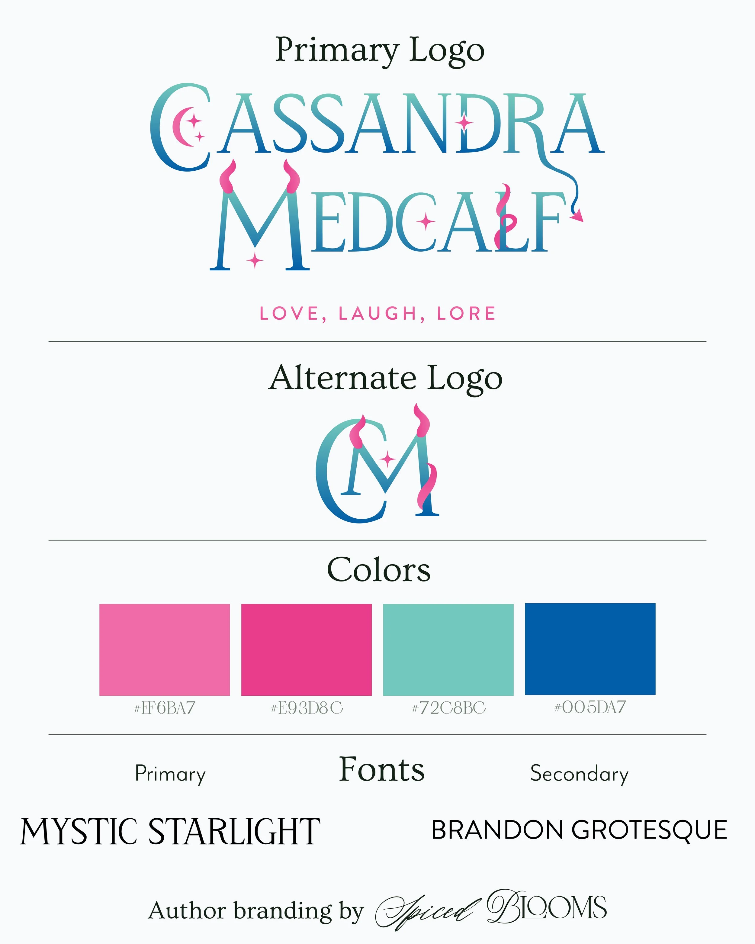 A branding guide showing primary logo with the name Cassandra Medcalf, featuring celestial and fantasy elements with pink and blue colors, a smaller alternate logo, color palette of pink, bright pink, mint, and navy blue, fonts Mystic Starlight and Brandon Grotesque, and author branding by Spiced Blooms.