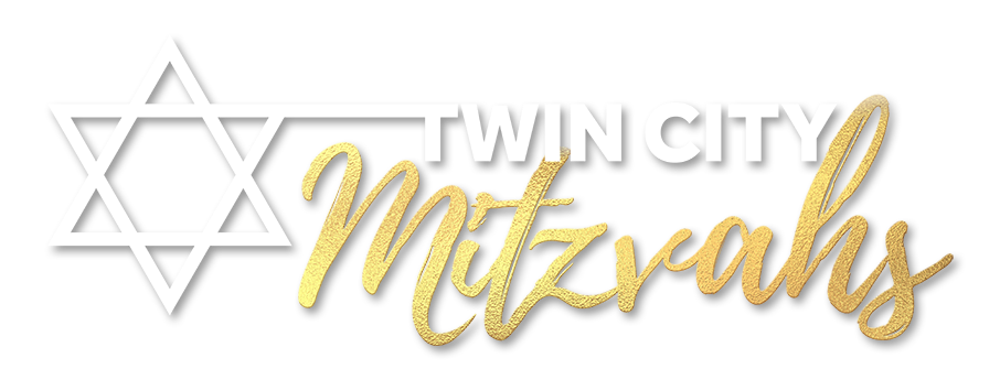 Logo for Twin City Mitzvahs with a Star of David symbol and gold cursive and bold text