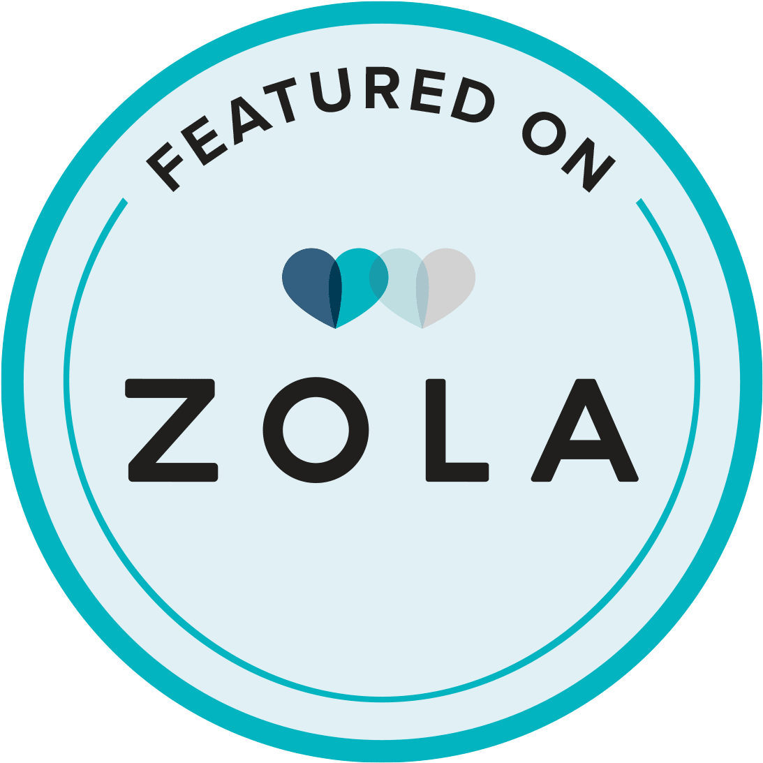 Circular badge with light blue background and dark blue outline, displaying the text 'FEATURED ON ZOLA' and with three small heart icons in shades of blue and gray at the top center.