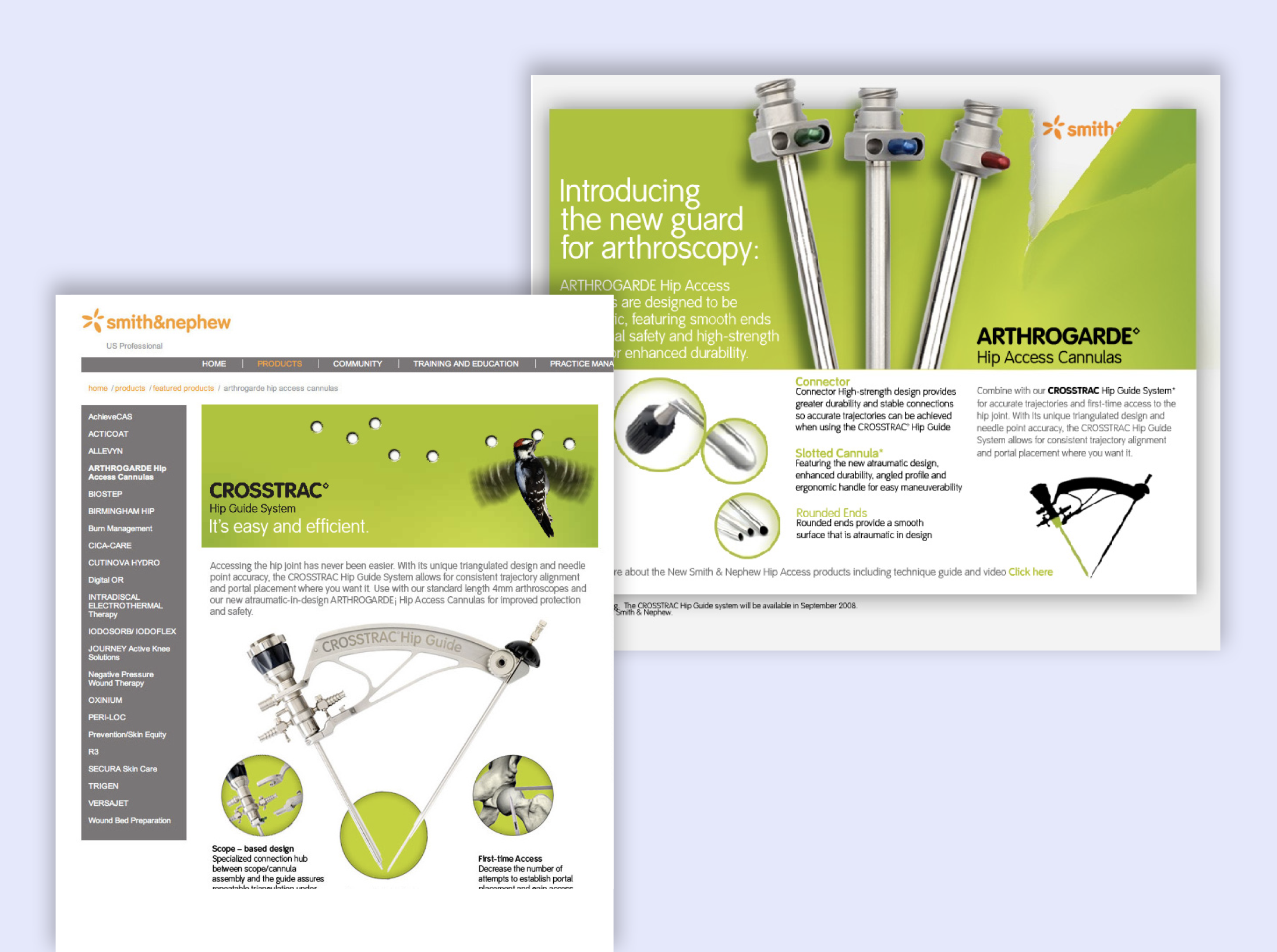 Smith & Nephew's ArthroGUIDE hip access products featuring images of surgical instruments, including hip guide system with descriptions of features such as connector, slotted cannula, rounded ends, and compact design, with a green and white color sch