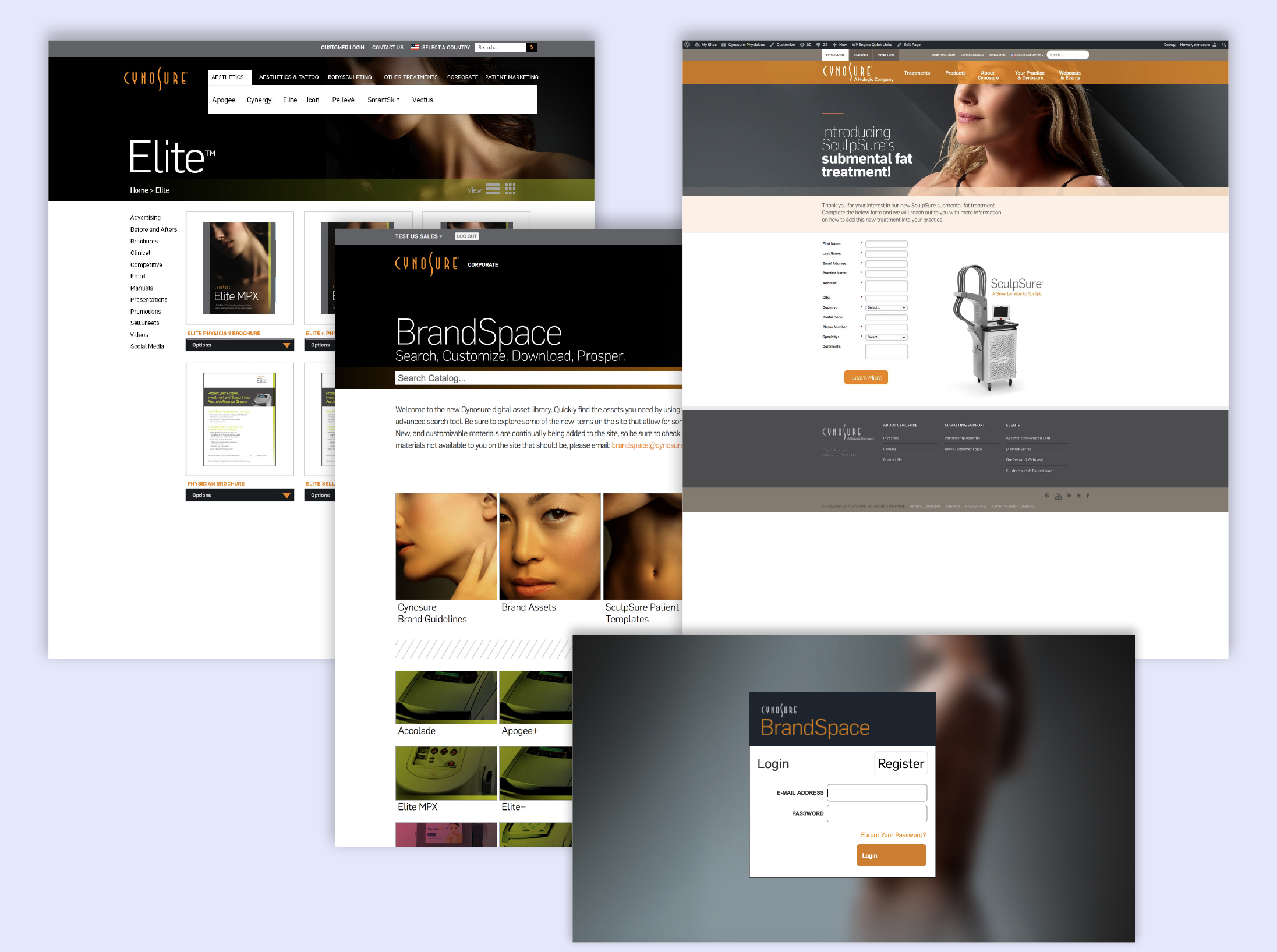 Collage of website page designs for Cynosure, featuring medical and aesthetic treatments, products, and patient information, with images of women and medical devices.