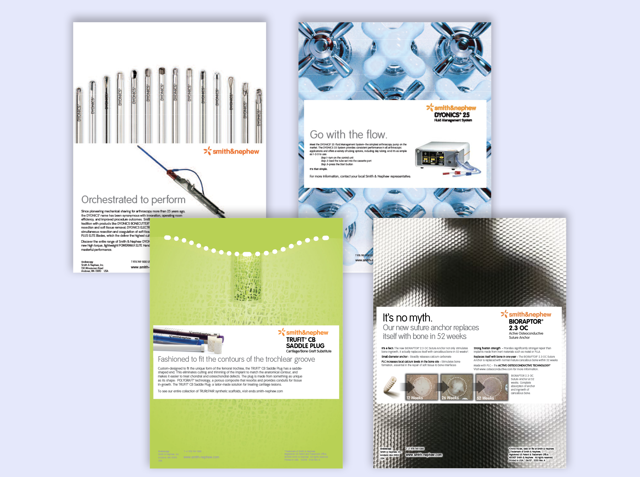 Collection of medical product advertisements designed for Smith + Nephew, including syringes, medical devices, and surgical tools, with text about orthopedic and joint surgery innovations.