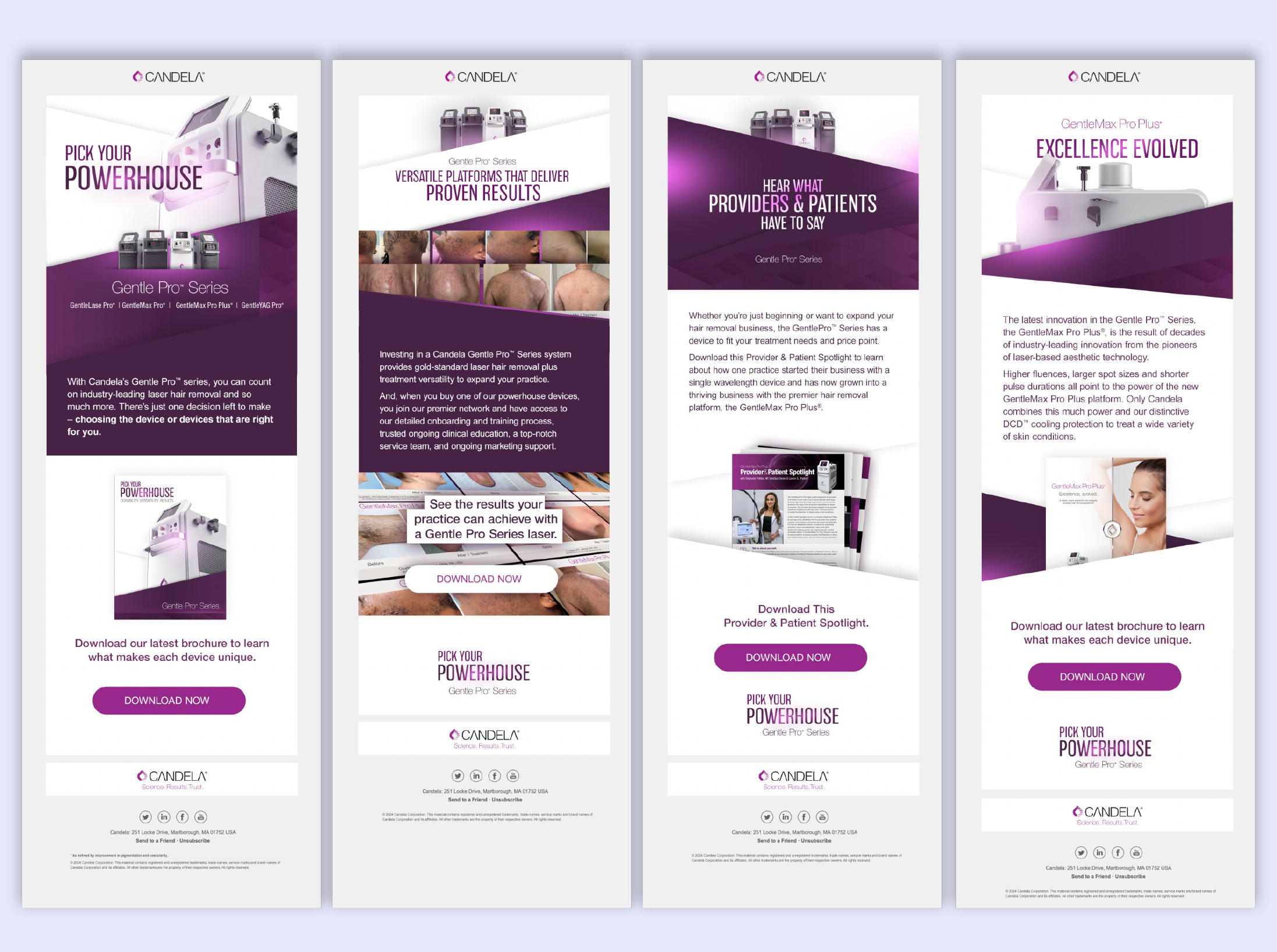 Four promotional email campaign layouts for Candela's Gentle Pro series medical devices, featuring images of the devices, text about their features, and call-to-action buttons.