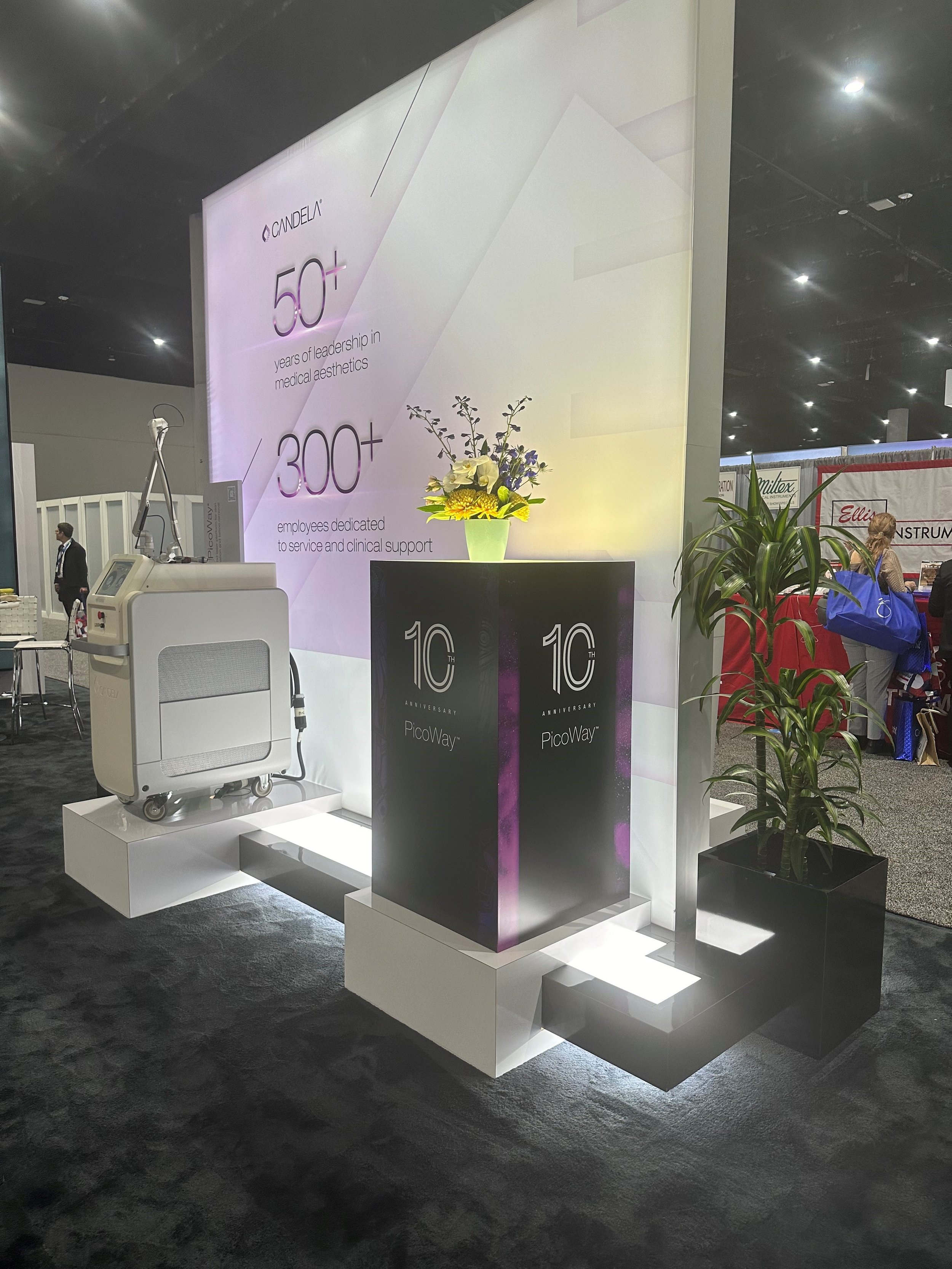 Exhibition booth celebrating 50+ years of Candela's leadership in medical aesthetics, with a large white wall displaying the numbers 50+ and 300+ in purple text, a black pedestal with a floral arrangement, a medical device on a white stand, and a pot