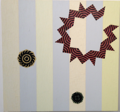 KARL PETRUNAK, 
"Rebound", 
1996, 
Oil and applique on canvas on panel, 
25 1⁄2 x 26 3⁄4 inches
