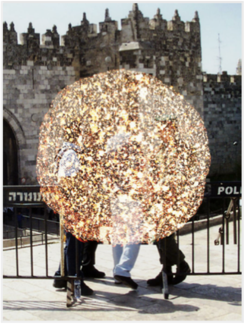 CURTIS MANN, 
"Checkpoint", 
2011, 
Chemically altered chromogenic development print,  
40 3⁄4 x 30 3⁄4 inches (image/window), 
48 3⁄4 x 35 3⁄4 inches (frame), 
Unique print