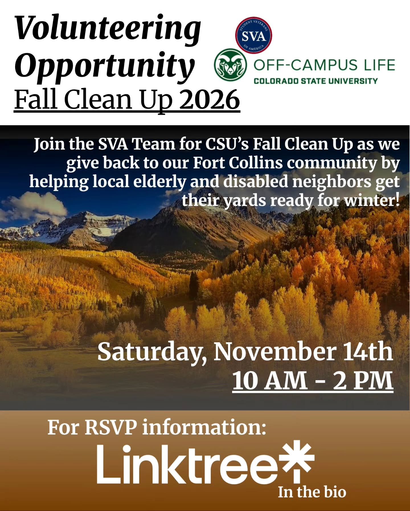 Give back to the Fort Collins community with the SVA! 🍂 

CSU&rsquo;s Fall Clean Up is back, and our team is partnering with Off-Campus Life to help local elderly and disabled neighbors prep their yards for winter. 
 
​Whether you&rsquo;re raking le