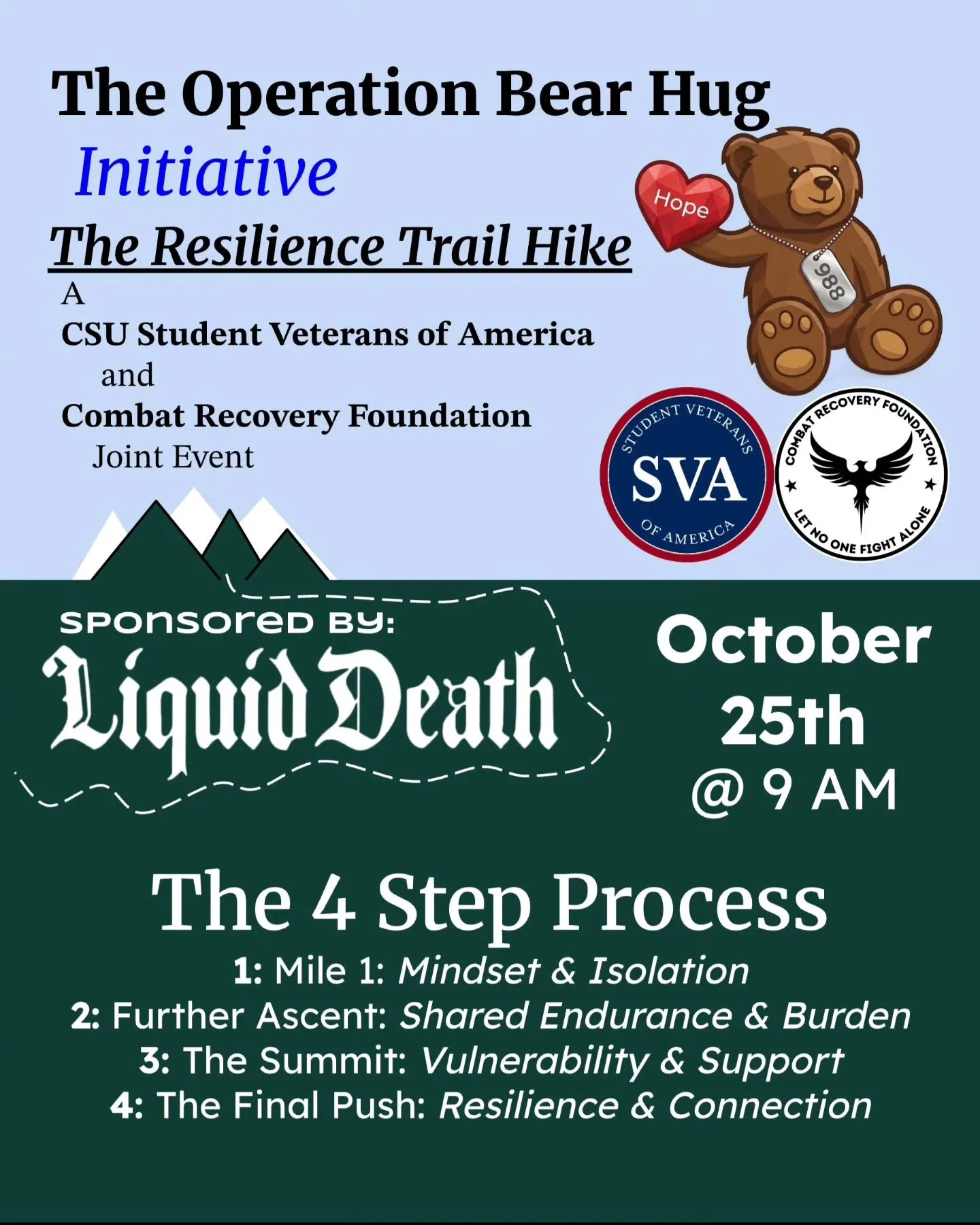 ​🐻🤝 The Operation Bear Hug Initiative Presents: 
The Resilience Trail Hike ⛰️🚶&zwj;♂️

​Remember the foundational principle of Operation Bear Hug? That simple, powerful act of showing care to a fellow service member? We&rsquo;ve taken that core id