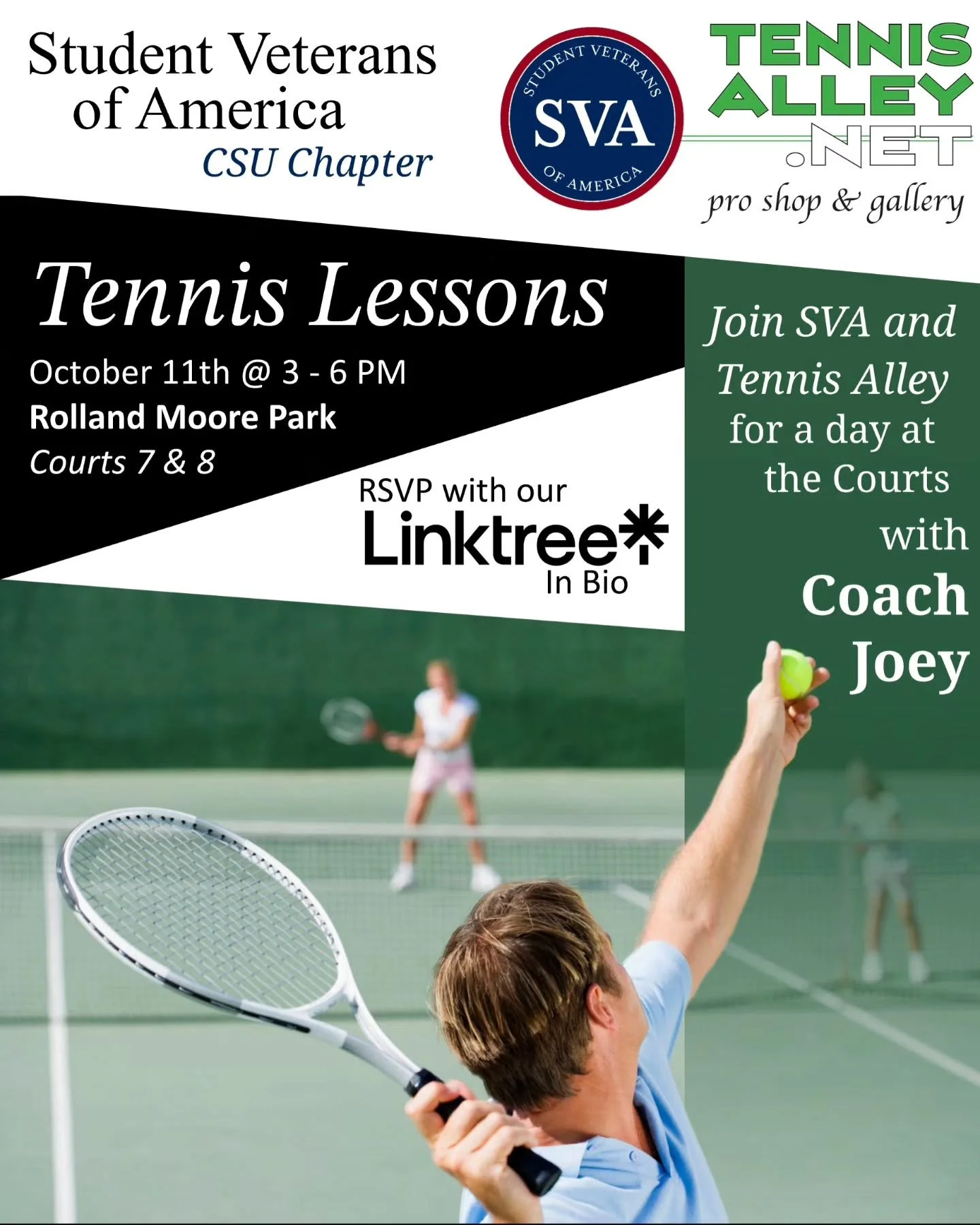 Ready to hit the courts? 🎾

​Join SVA CSU and Tennis Alley for an afternoon of tennis lessons with Coach Joey! Whether you&rsquo;ve never held a racket or you&rsquo;re looking to sharpen your serve, all skill levels are welcome.

​Event Details:

🗓