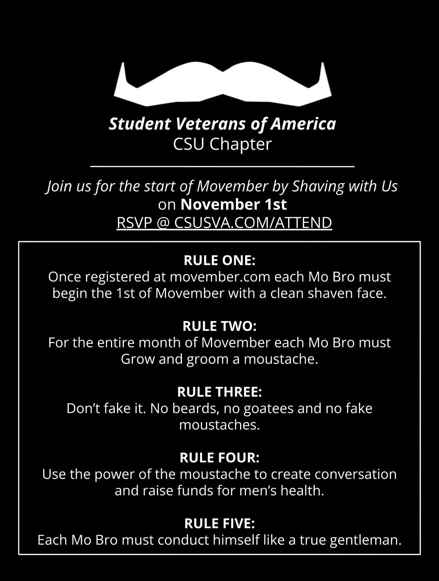 Fresh face on day one. Legendary stache by day thirty. 🪒✨

​Movember is officially here, and the CSU Student Veterans of America chapter is kicking things off right. Join us on November 1st as we shave down to clean slates and grow our best (or most