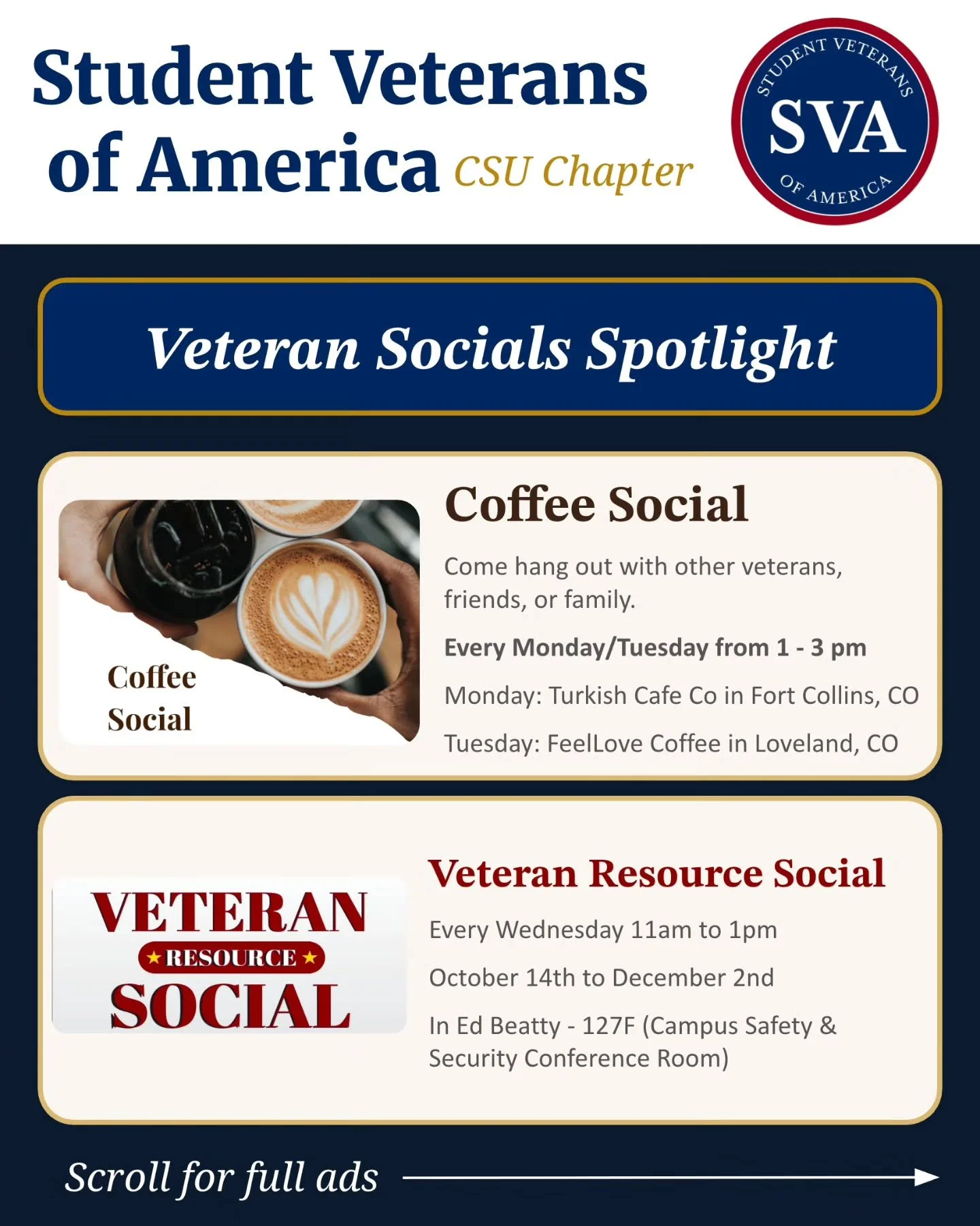 Looking for ways to connect, unwind, and access campus resources? Check out some of CSUSVA'S friends and their weekly socials this semester! Swipe through to see the full details. ➡️

☕ Coffee Socials (Every Mon &amp; Tues | 1:00 PM &ndash; 3:00 PM) 