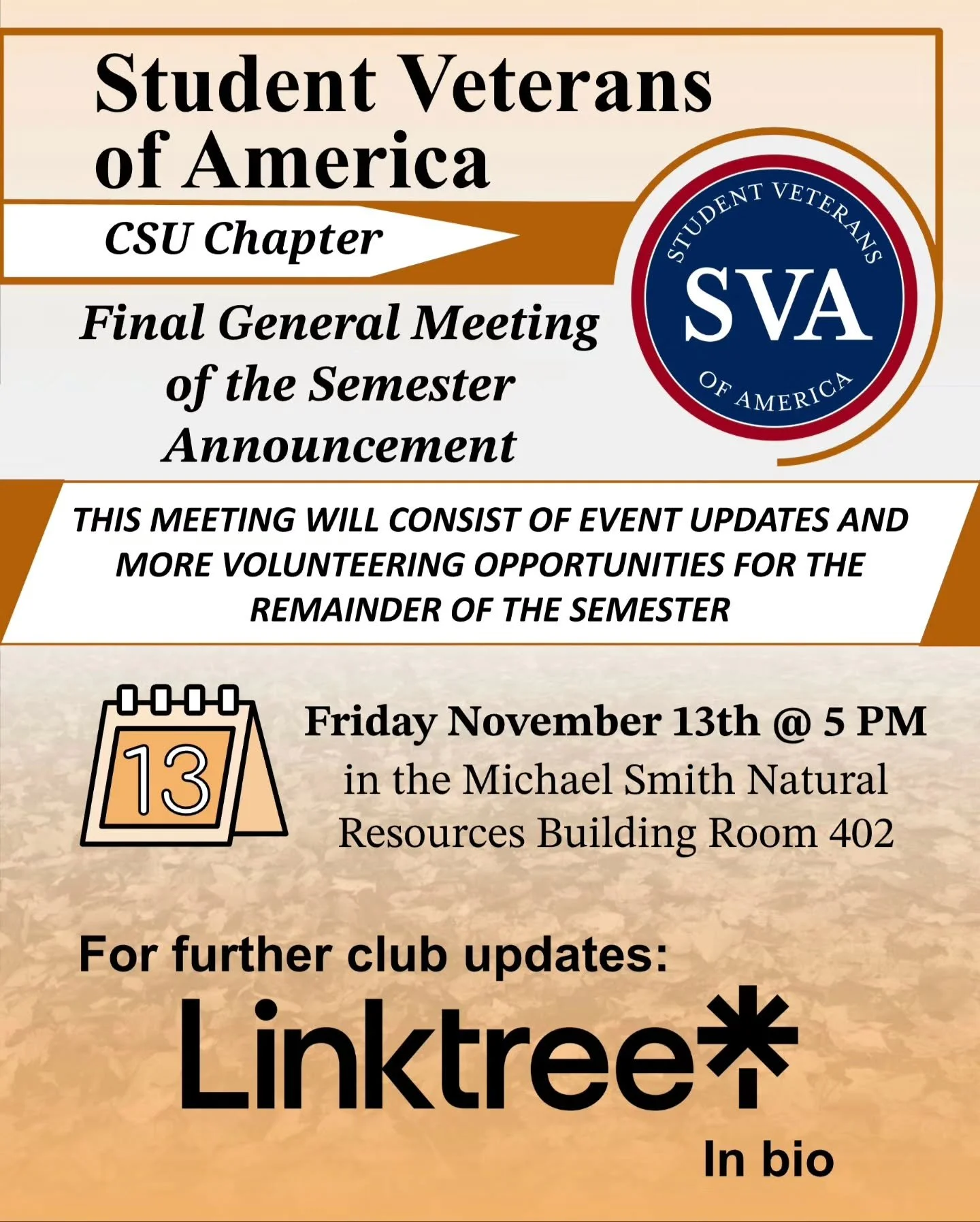 Final General Meeting of the Semester! 🇺🇸🐏

​Wrap up the semester with CSU SVA as we look ahead at what&rsquo;s left on the calendar. We&rsquo;ll be breaking down upcoming event updates and sharing more volunteer opportunities to close out the ter