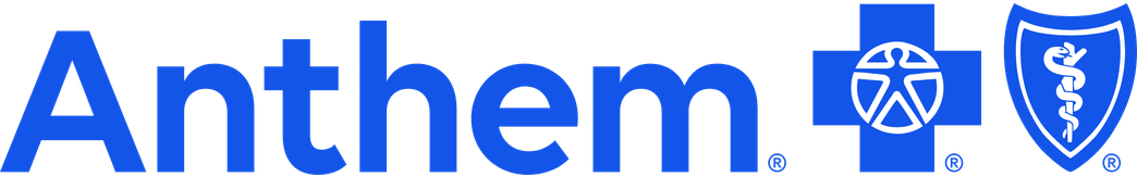 Anthem healthcare logo with blue text, a medical cross, star of life symbol, and caduceus shield symbols.
