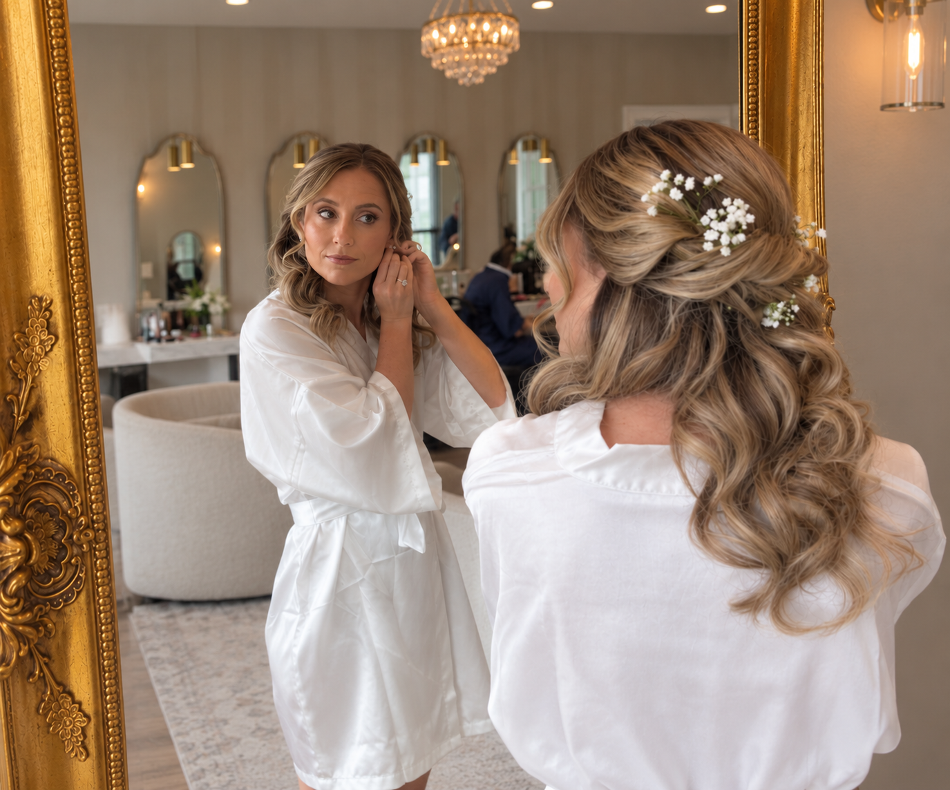 A woman puts on earrings while looking at herself in a large gold-framed mirror, with a bride with curled hair and white flowers in her hair seen from behind.
