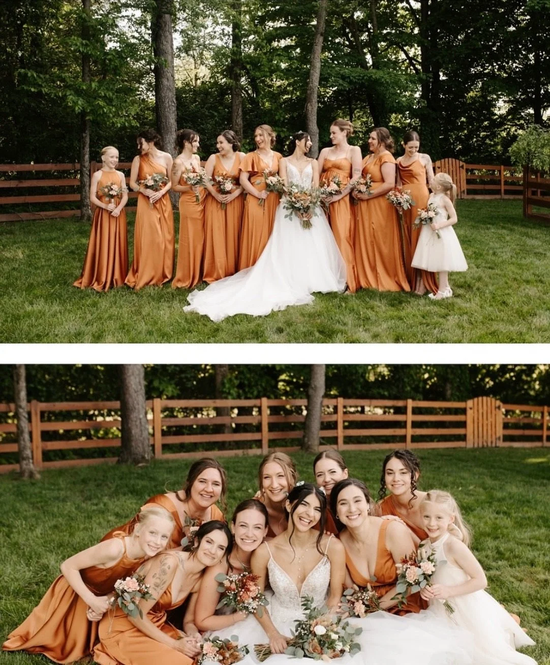 Wedding party photo featuring a bride in a white wedding dress and bridesmaids in matching rust-orange dresses, posing outdoors on a grassy area with a wooden fence and trees in the background. The bride is holding a bouquet, and the bridesmaids are 