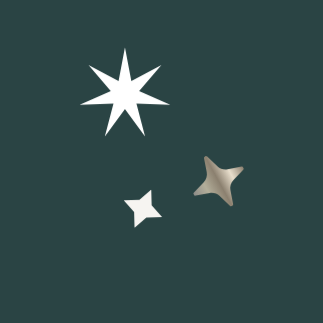Three star-shaped objects, one large white star at the top, one small white star below it, and one medium-sized gray star to the right, on a dark background.