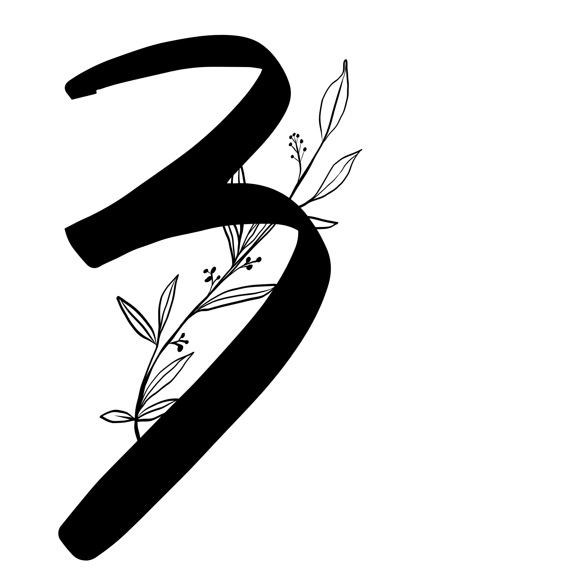 Black stylized number 2 with floral illustrations on a white background.