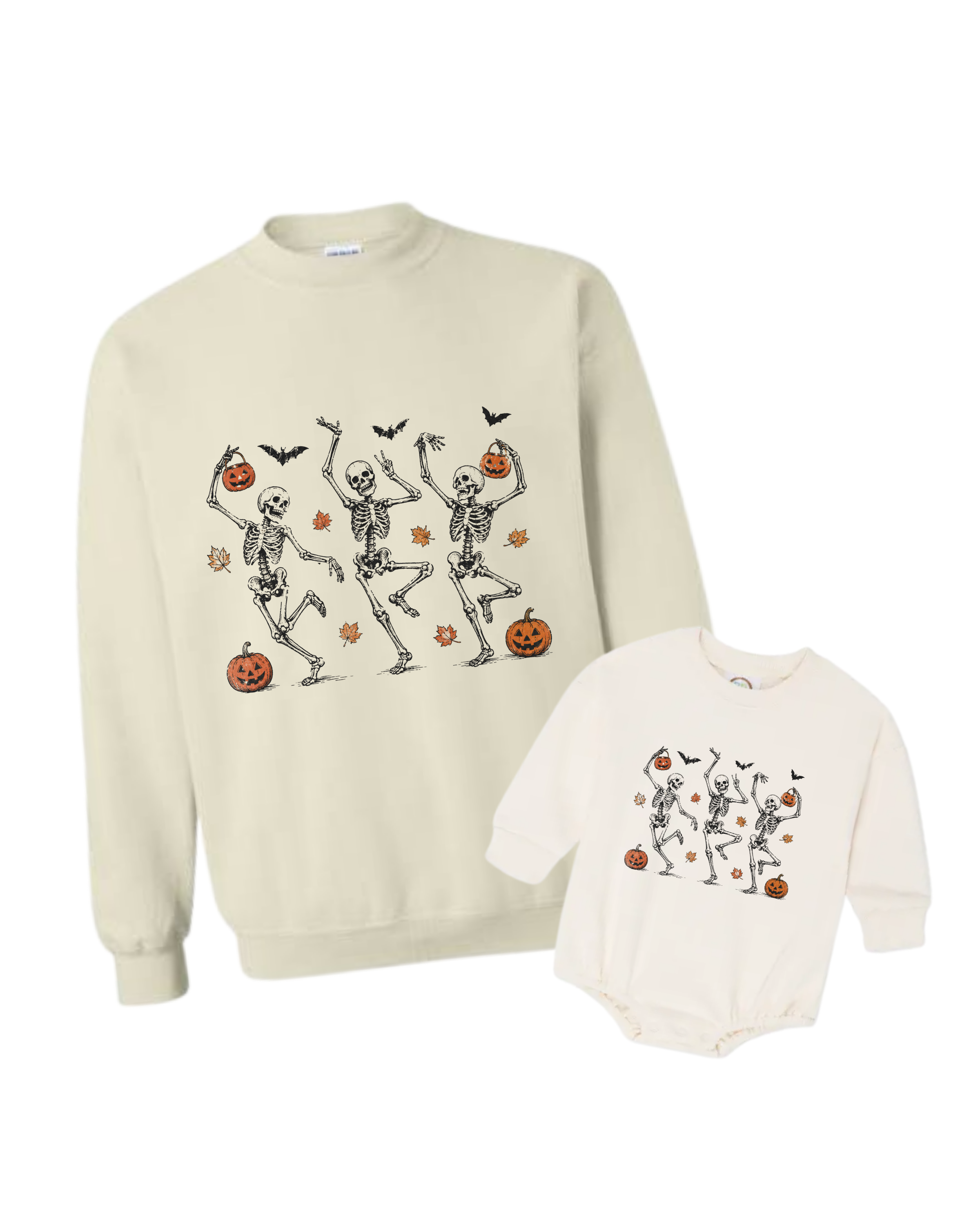 Two Halloween-themed sweatshirts featuring dancing skeletons, pumpkins, bats, and autumn leaves.