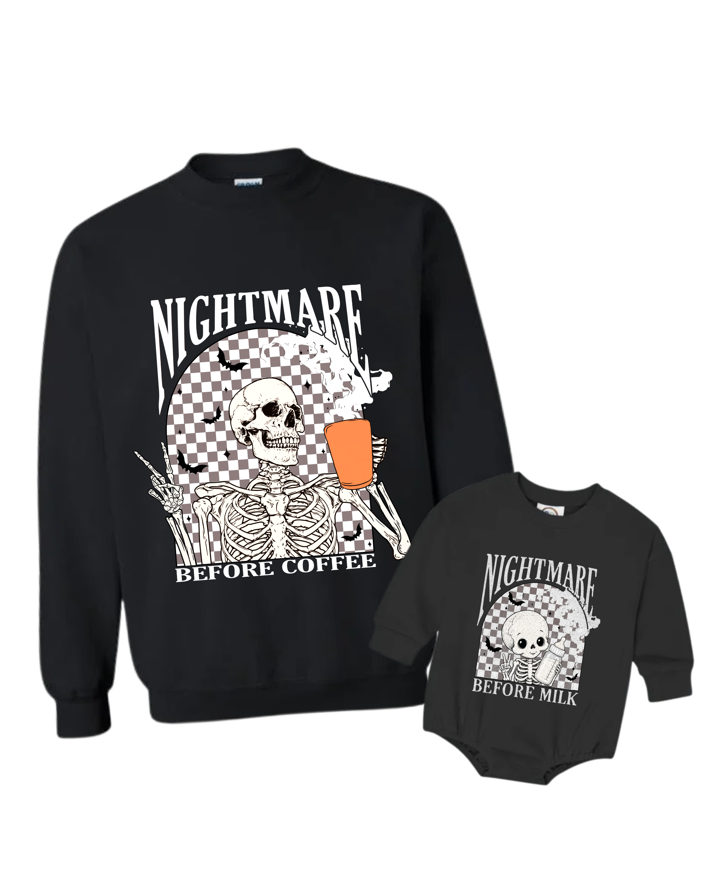 Two black sweatshirts with Halloween-themed graphics. The larger sweatshirt features a skeleton with a skull and a checkered background, bats, and the text "NIGHTMARE BEFORE COFFEE". The smaller sweatshirt features a cartoon skull with a thermometer, bats, and the text "NIGHTMARE BEFORE MILK".