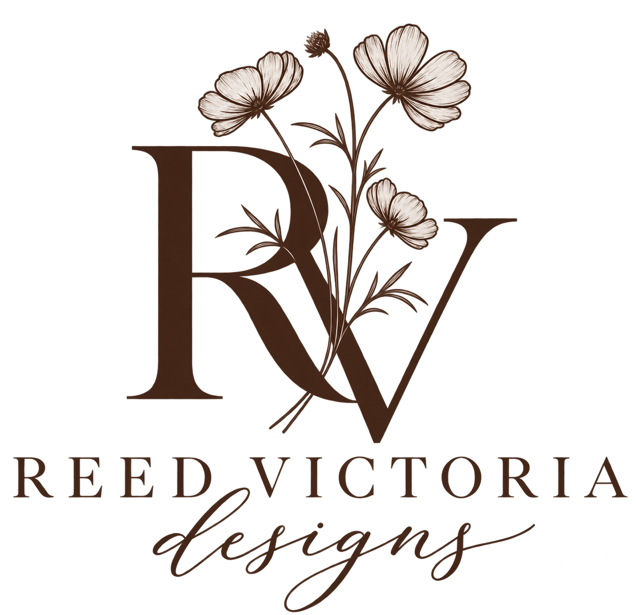 A logo with the initials 'R' and 'V' intertwined, decorated with a detailed illustration of a flower with three blooms, accompanied by the words 'Reed Victoria Designs' in elegant script.