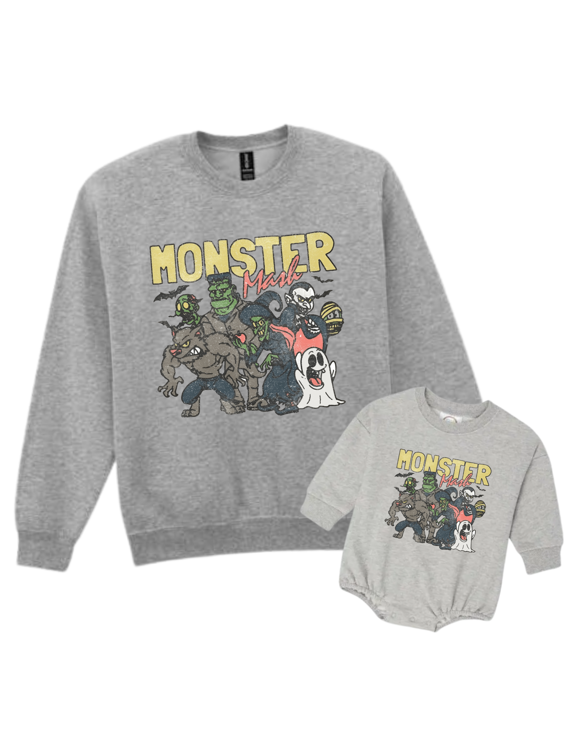 Gray children's sweatshirt with colorful cartoon monsters and the words "Monster Mash" on the front.