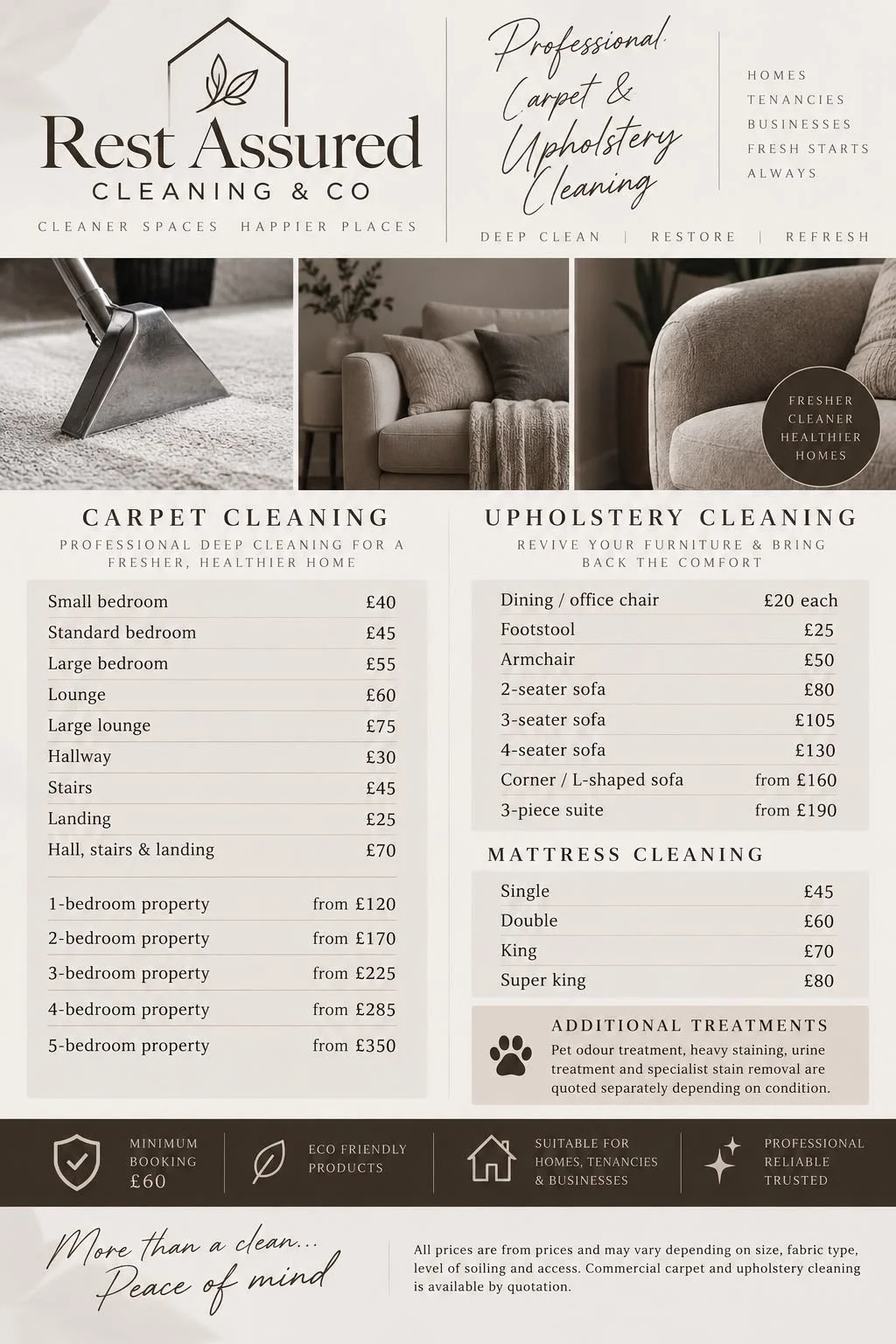 Advertisement for Rest Assured Cleaning & Co, offering professional carpet, upholstery, and mattress cleaning services, with prices listed for various room sizes and furniture types.