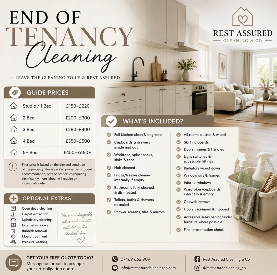 An advertisement for end of tenancy cleaning services with pricing, what is included, optional extras, contact information, and company branding in a bright, modern kitchen setting.