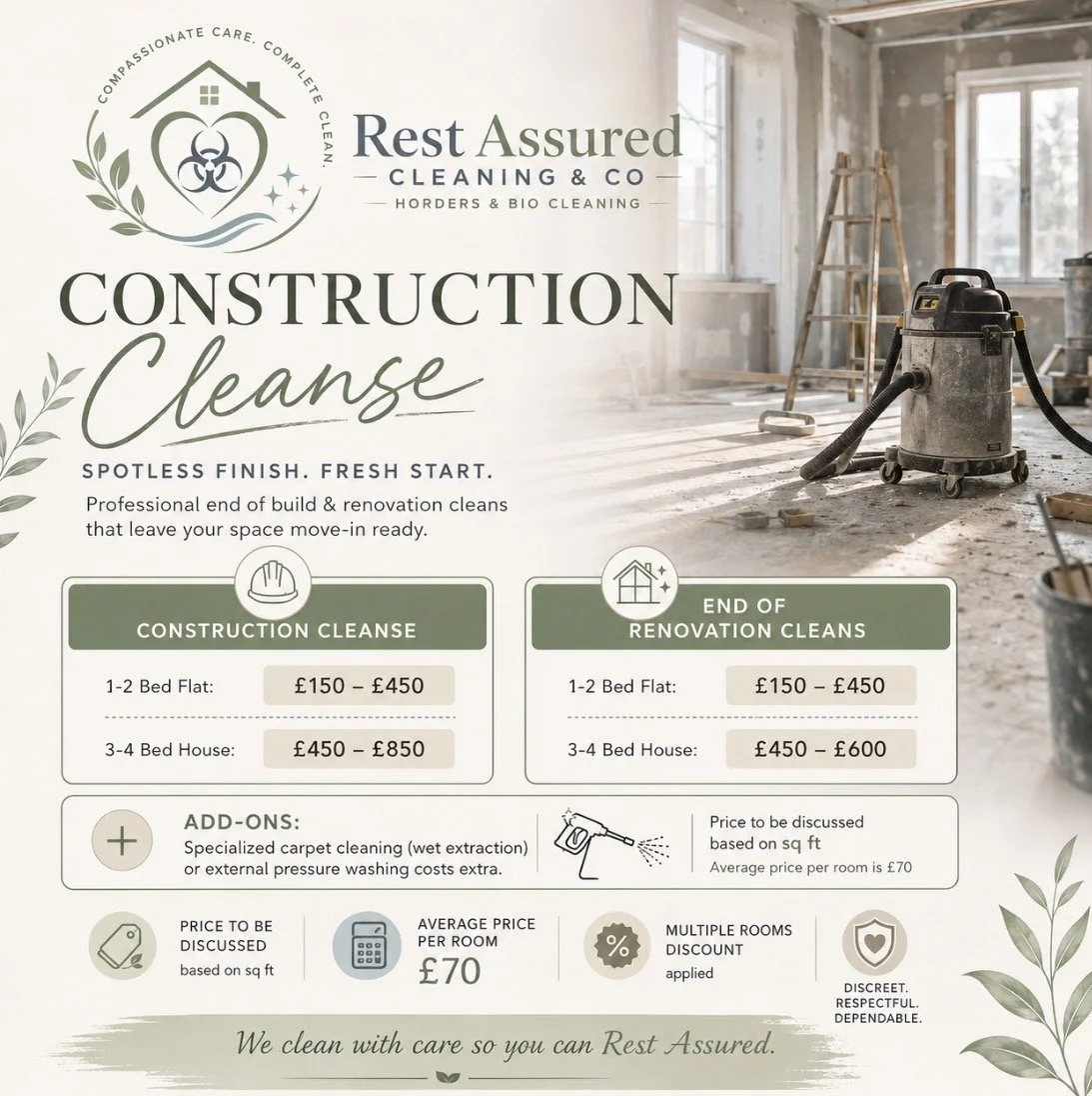 Flyer for Rest Assured Cleaning & Co offering construction and renovation cleaning services with prices listed for various property sizes. Background shows a room under renovation with construction tools and equipment.