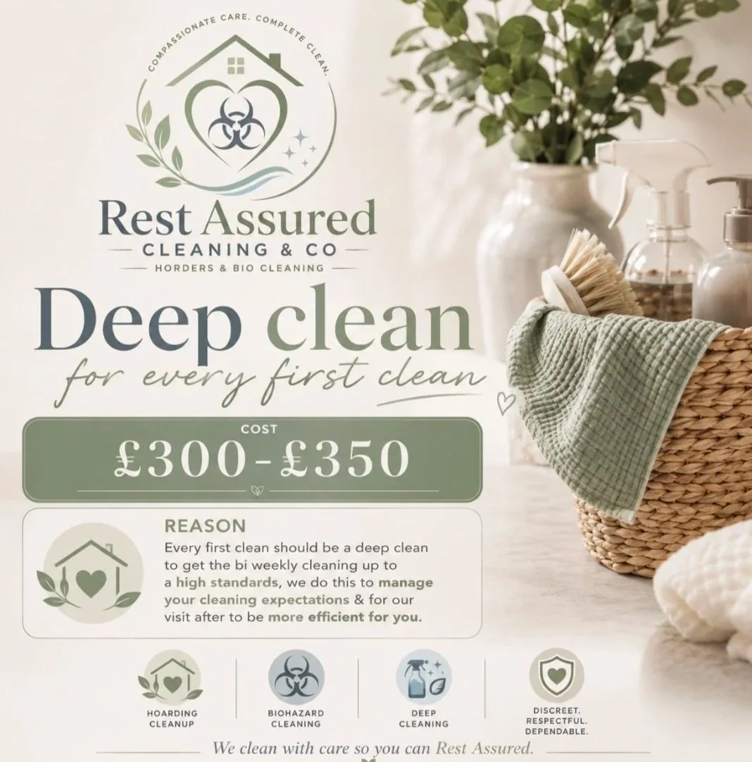 Flyer for Rest Assured Cleaning & Co promoting deep cleaning services, including houseplants, cleaning supplies, and service pricing of £300-£350.