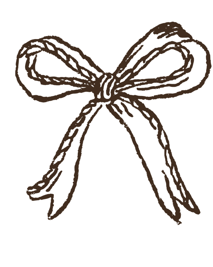 A hand-drawn illustration of a bow tied with loose loops and two long tails.