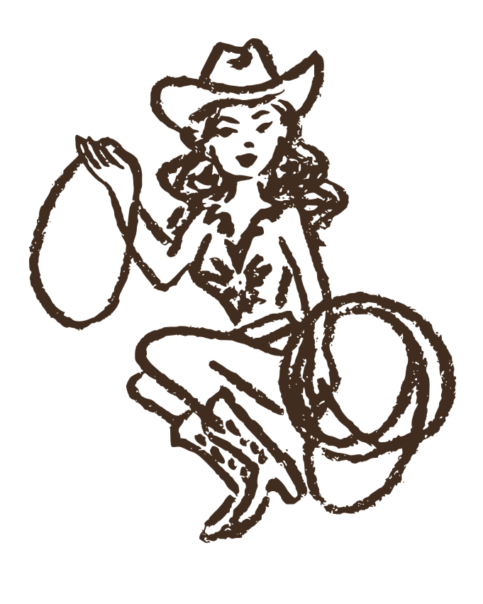 Hand drawn image of a cowgirl holding a rope in each hand.