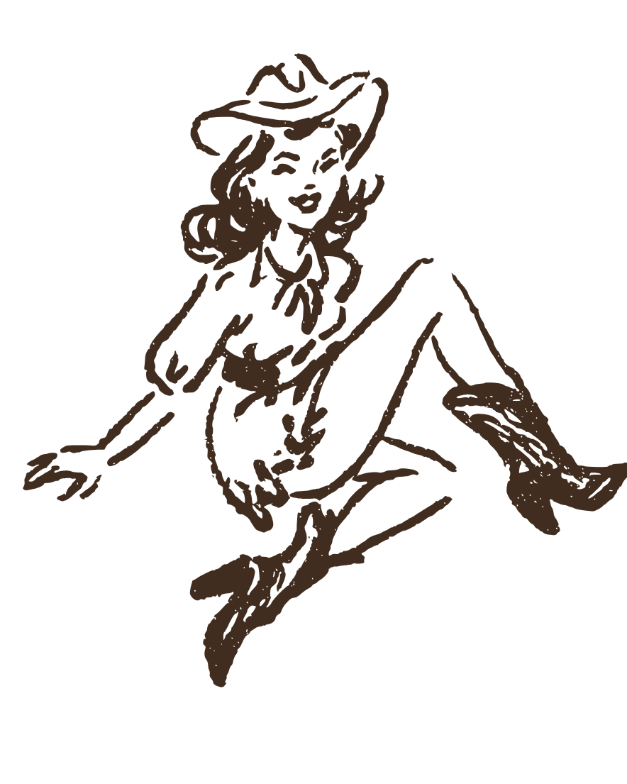 Line drawing of a friendly woman sitting and wearing a cowboy hat.