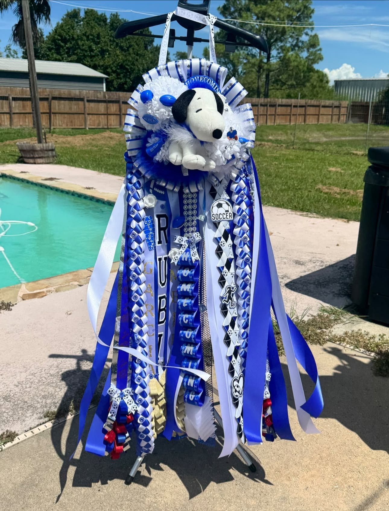 Blue and white prom or graduation stand decorated with ribbons, featuring a Snoopy plush toy, against a backyard with a swimming pool and wooden fence.