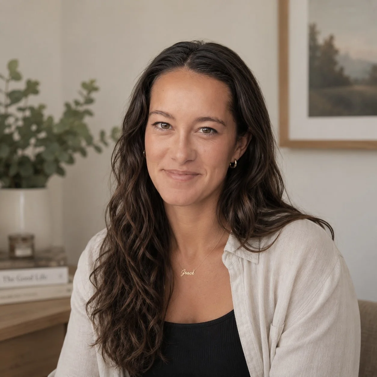 A woman with long, wavy brown hair, wearing a light-colored shirt and a gold necklace with the name 'Grace', smiling softly indoors with a background of a potted plant, framed landscape painting, and books.