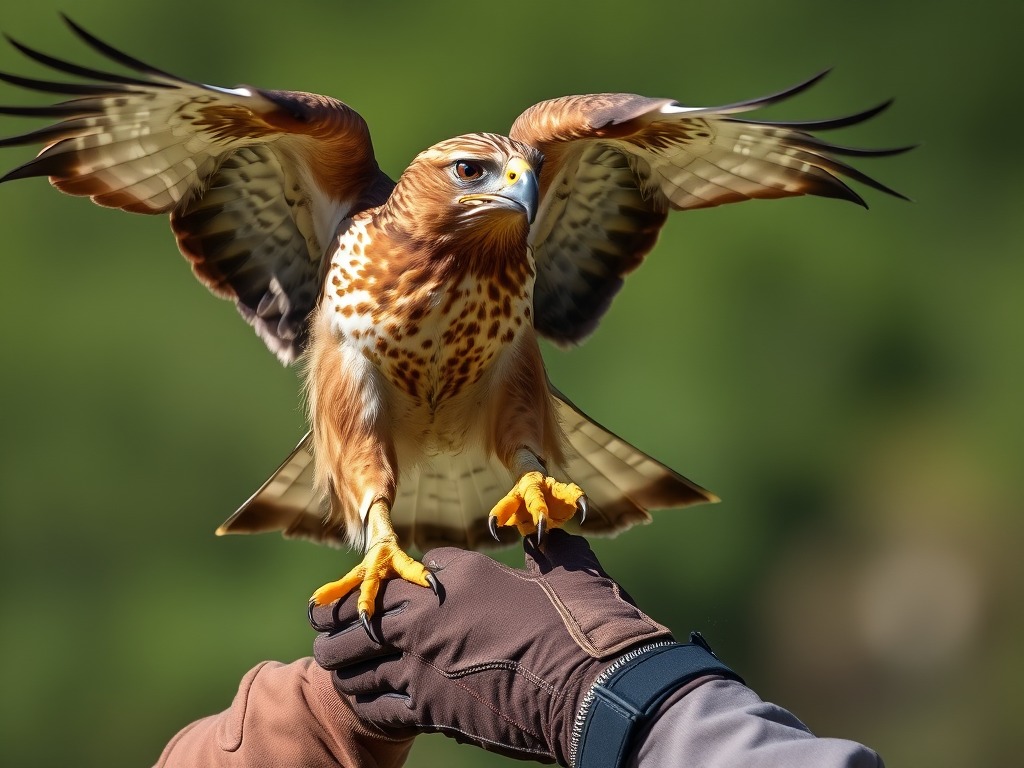A hawk perched on a person's gloved hand, with wings outstretched against a blurred green background.