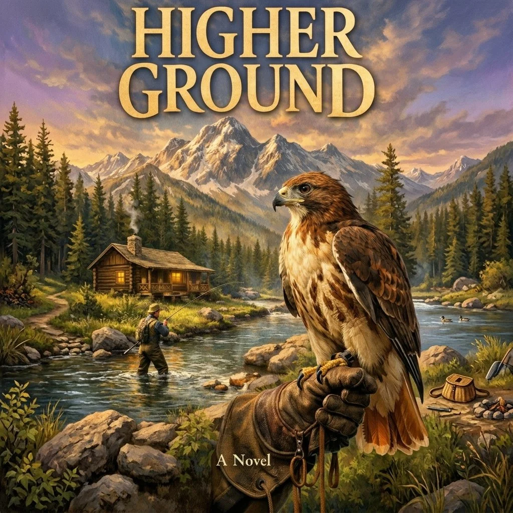 Book cover titled "Higher Ground" featuring a mountain landscape with a river, a cabin, and a person fishing, with a large hawk perched in the foreground.