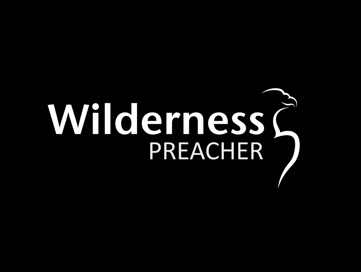 Black background with white text reading Wilderness Preacher, and a white outline of a bird or eagle head to the right of the text.