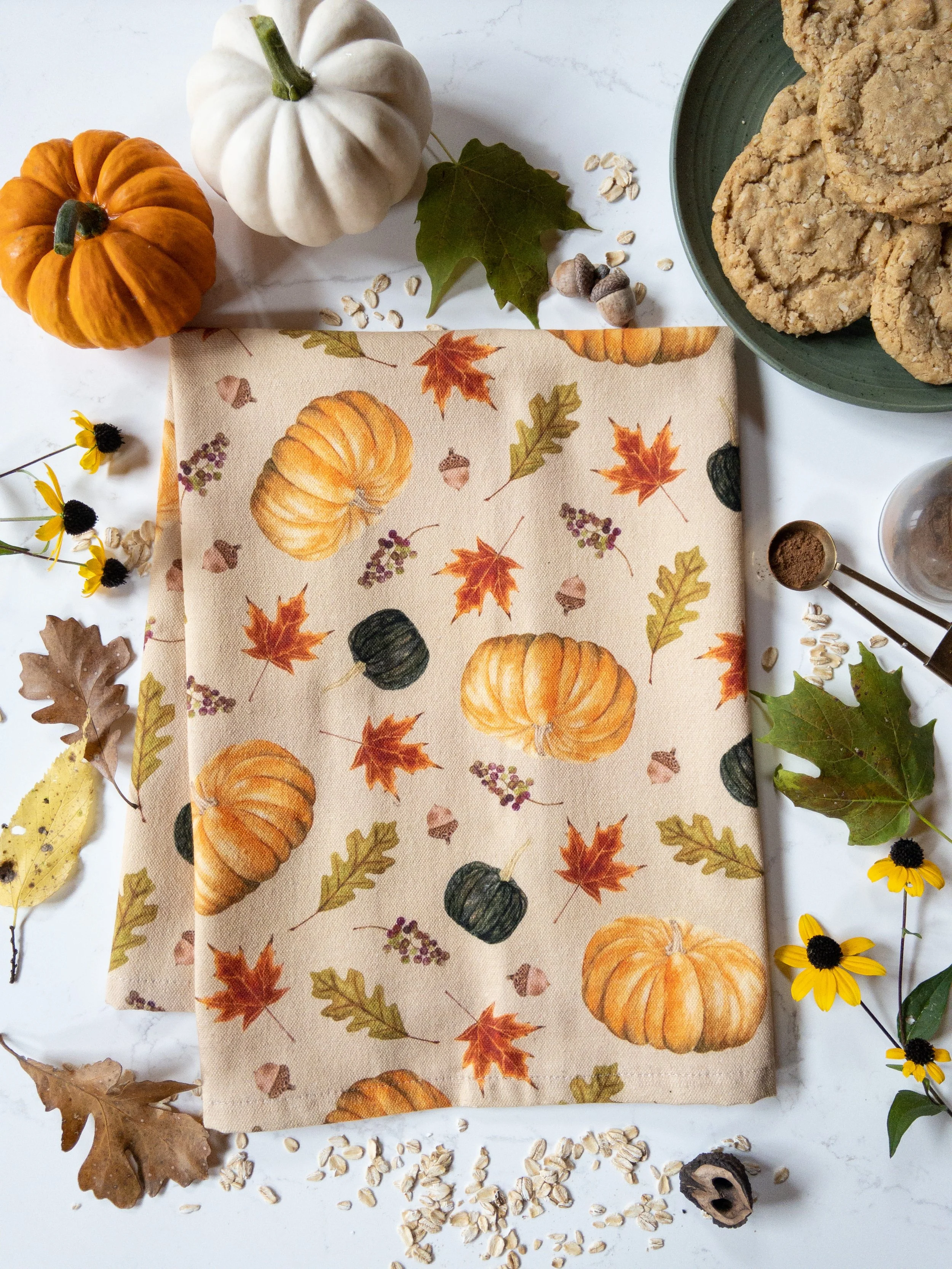 Autumn Leaves & Pumpkins Tea Towel