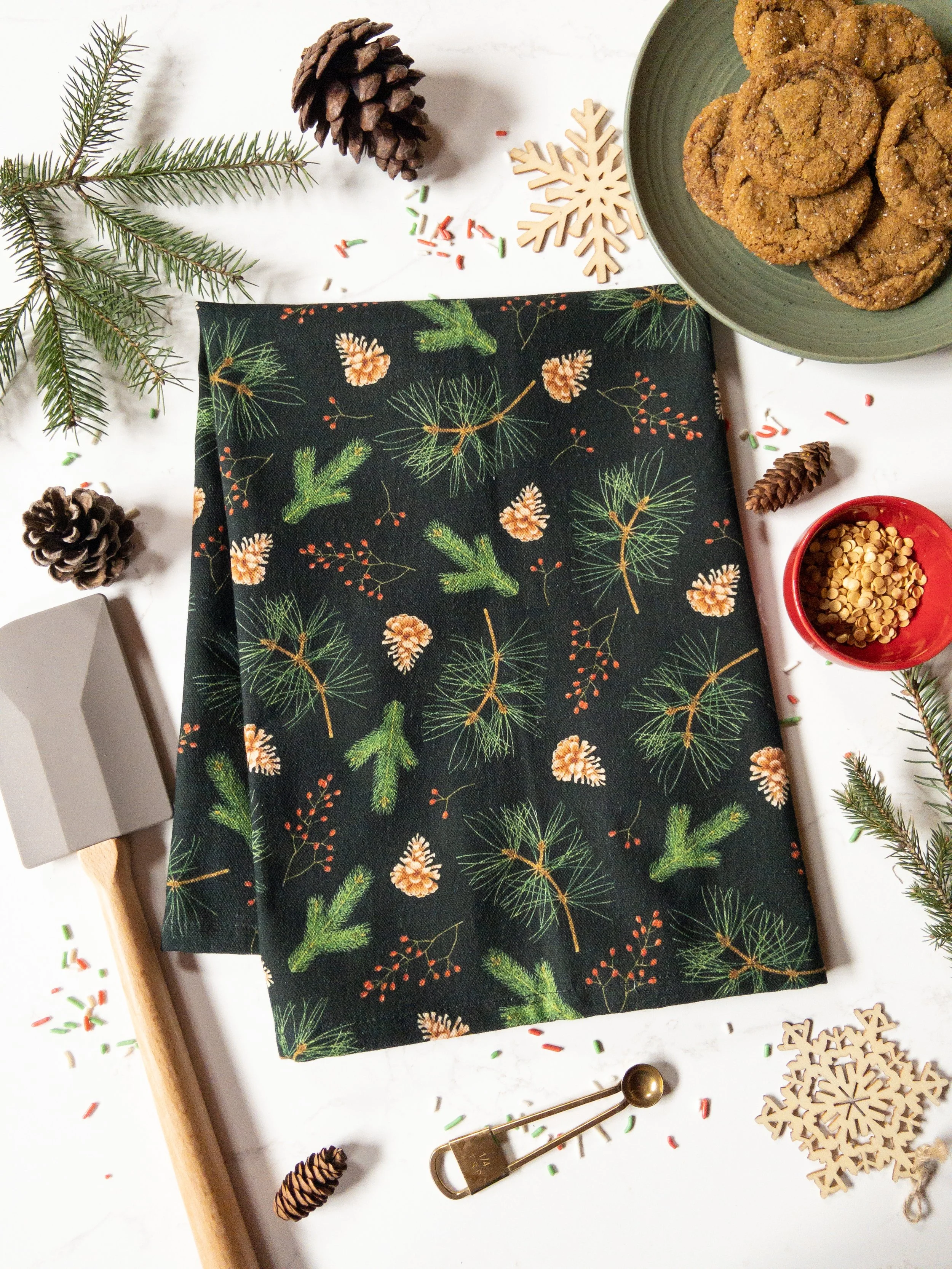 Dark Green Winter Woodland Tea Towel