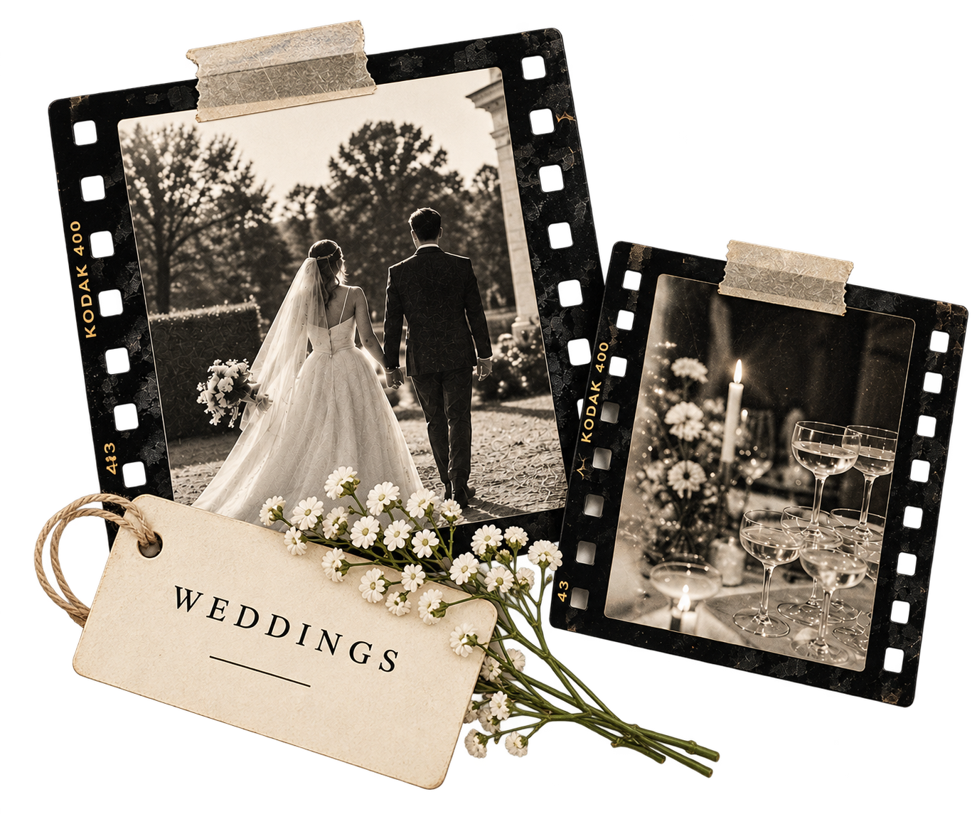 Vintage black-and-white wedding photos of a bride and groom walking outdoors, a lit candle, and champagne glasses with flowers, with a "WEDDINGS" tag and white daisies.