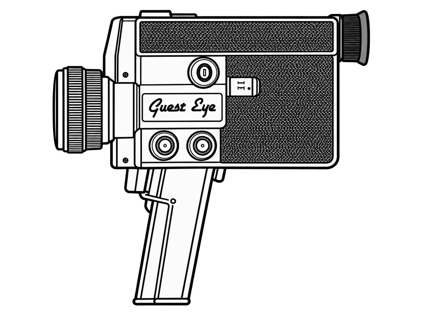 Black and white illustration of a vintage movie camera with a label that says "Guest Eye" on the side.
