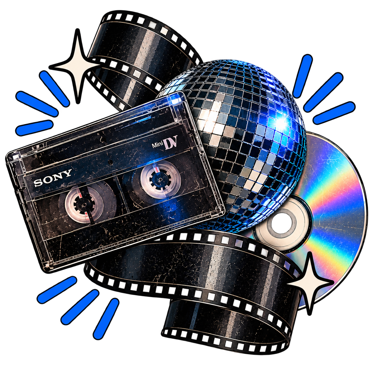 A disco ball, vintage cassette tape, CD, film strip, and star icons arranged in a collage.