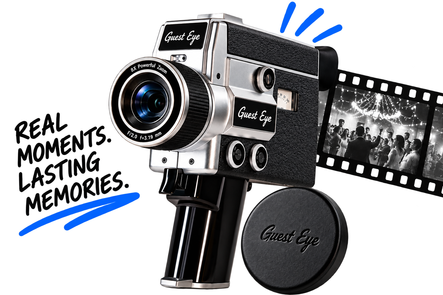 A vintage camera with a black grip and multiple dials, labeled "Guest Eye," capturing black-and-white footage of a dance party with people dancing underneath string lights.