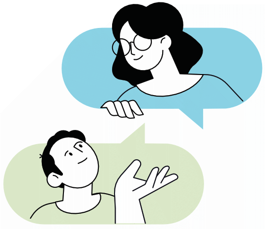Illustration of a woman with glasses and dark hair talking to a man with short dark hair, using speech bubbles.