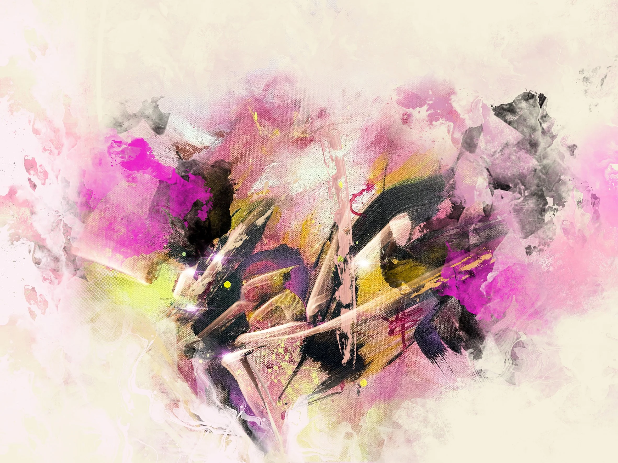 Abstract painting with splashes of pink, purple, black, and yellow colors blended together.