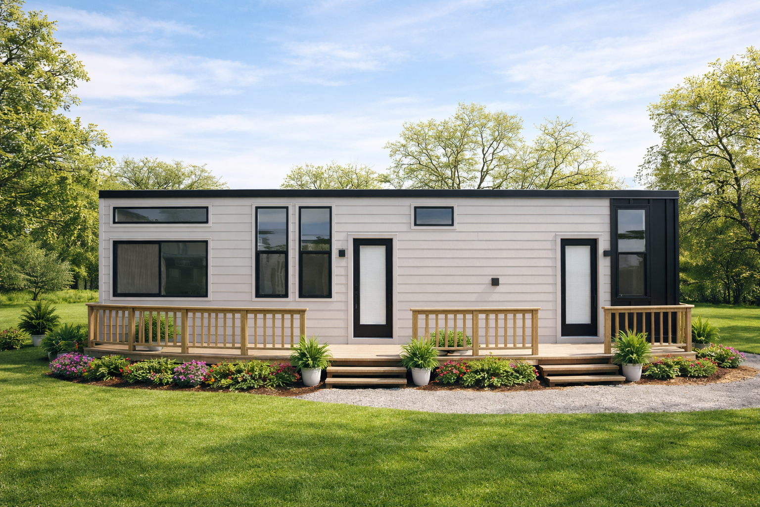 Forever 40-foot 2B tiny home exterior rendering with two entry doors and a wooden deck with railings.
