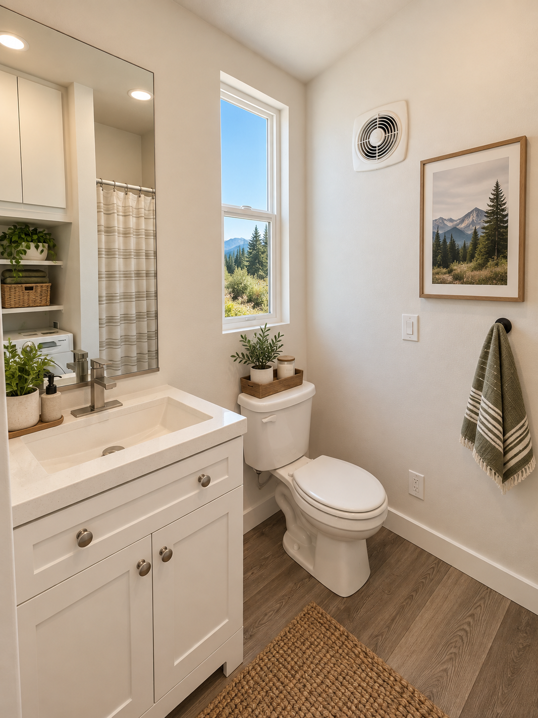Forever 40′ bathroom featuring a vanity with cabinet storage, a flush toilet, and a window that fills the space with natural light.