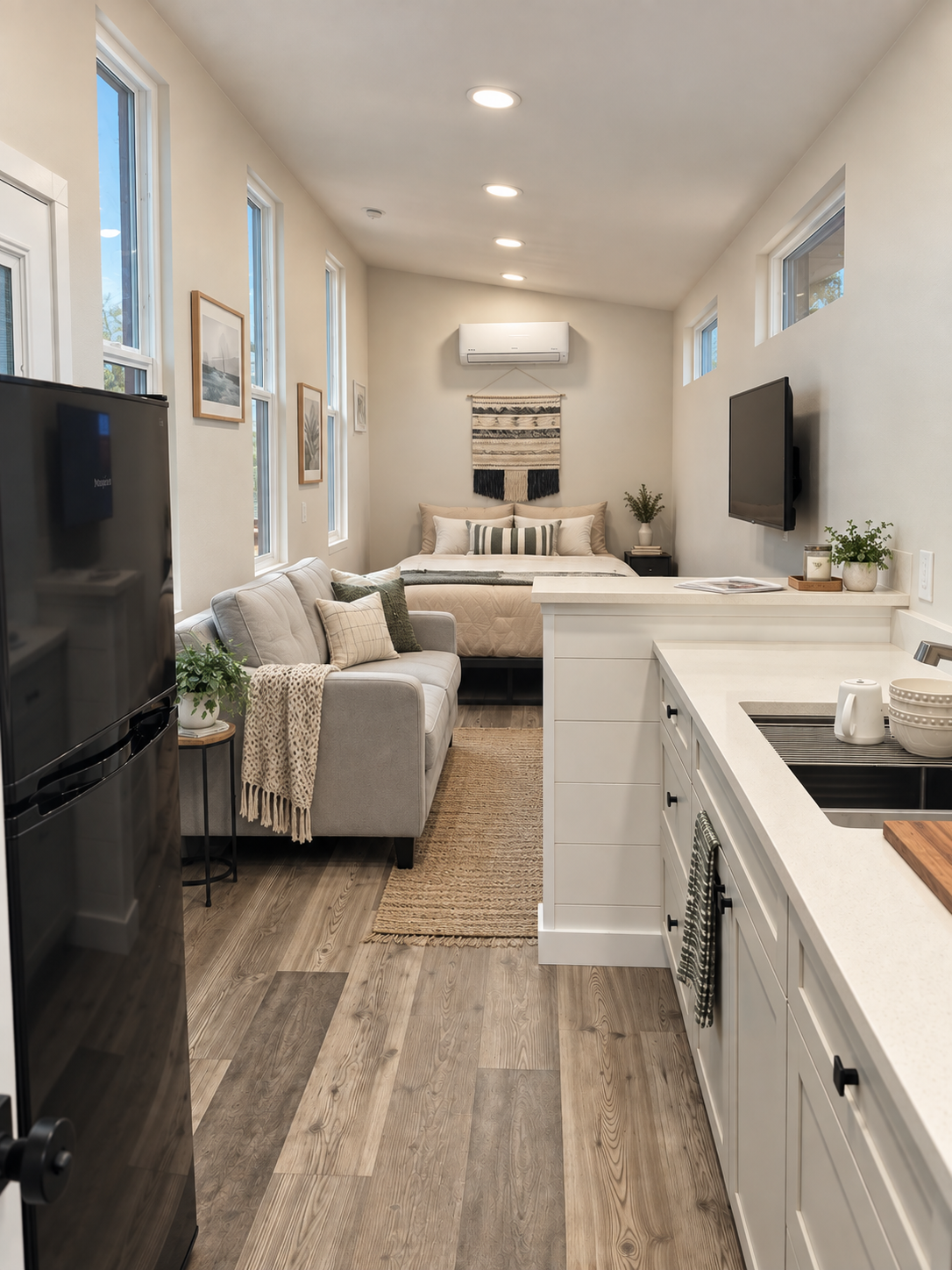 Forever 32′ Studio featuring an open layout that connects the kitchen, living space, and main-floor sleeping area, with Pergo Outlast flooring and mini-split heating and cooling.